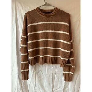 Jenni Kayne Brown and White Striped Crew Neck Sweater